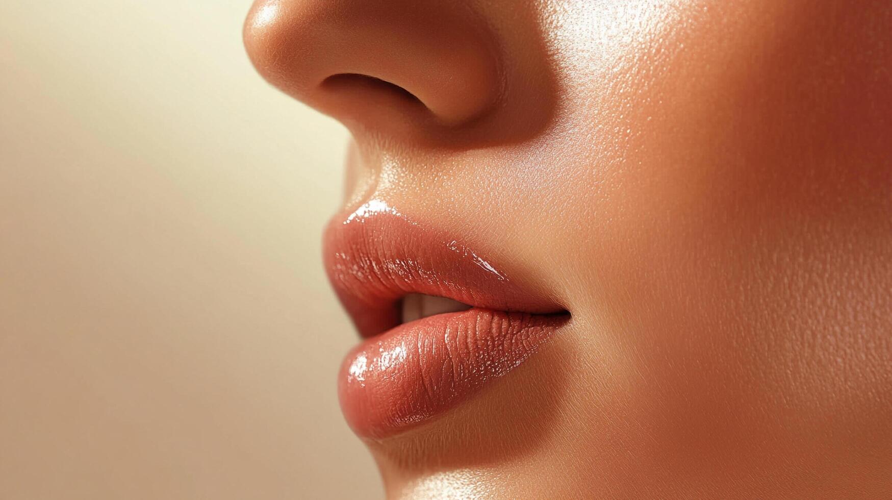 Close-up shot highlighting glossy lips, radiant skin, and natural facial features in a beauty-focused composition on a neutral background. photo