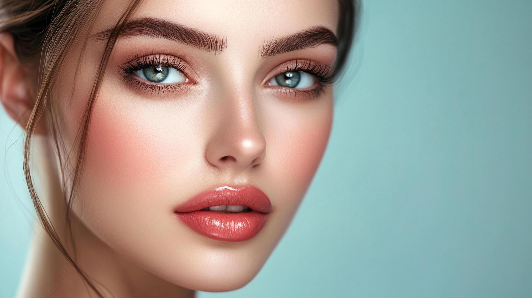 Close-up portrait showcasing a young woman's flawless complexion, expertly applied makeup and captivating blue eyes, set against a serene backdrop. photo