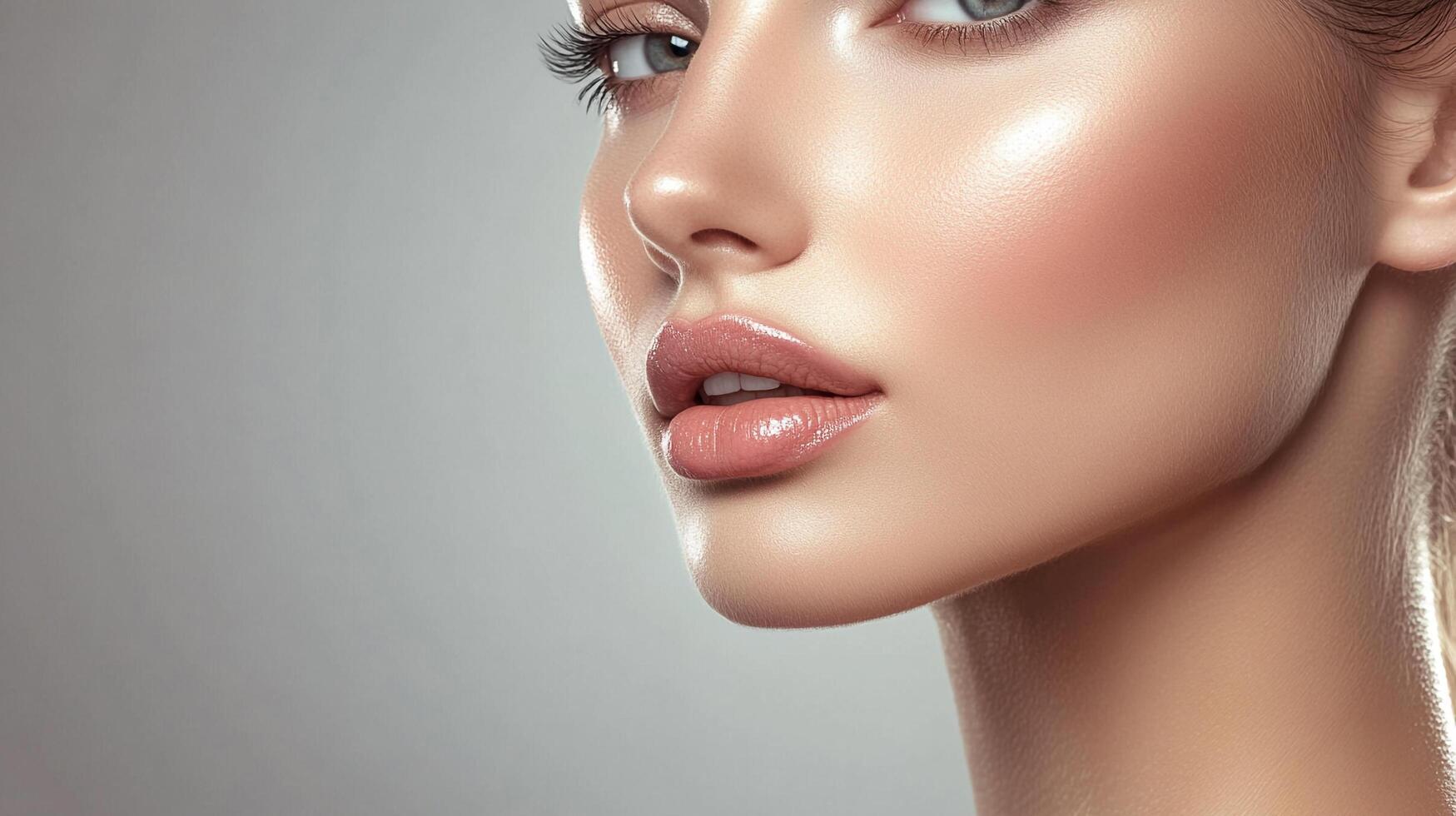 Flawless complexion and radiant beauty showcased on a model's face, highlighting elegance and natural allure. A testament to skincare. photo