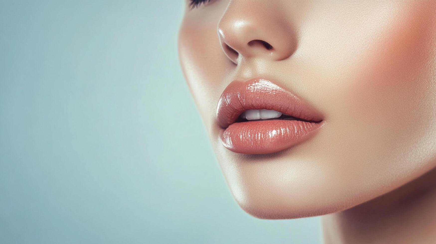 Close-up of beautiful lips with glossy lipstick, showcasing facial beauty and skincare against a light blue background. Perfect makeup look. photo