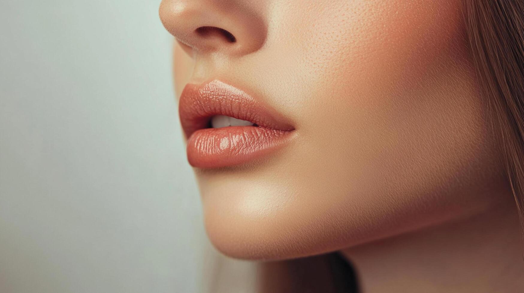 Close-up of a woman's face, focusing on her lips, nose, and smooth skin, highlighting makeup and natural beauty elements. photo
