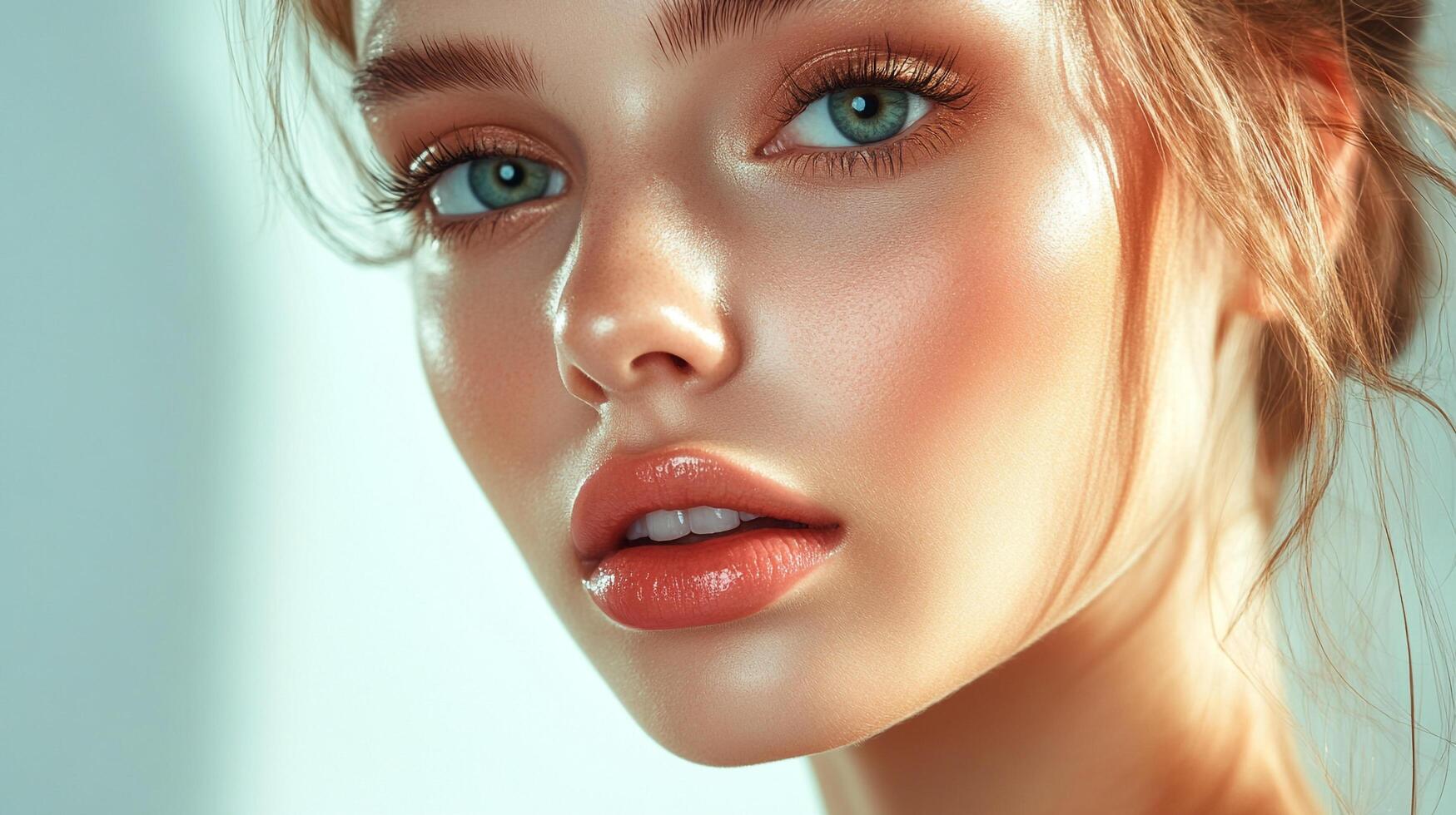 Close-up of a woman with flawless skin, beautiful makeup, and striking features against a soft background. Radiant and glowing complexion. photo