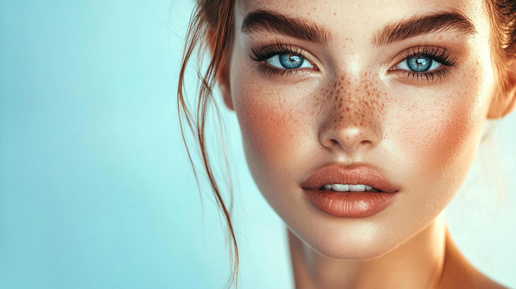 Close-up portrait of a fair-skinned woman showcasing flawless complexion, striking blue eyes, and delicate freckles against a soft blue background. photo