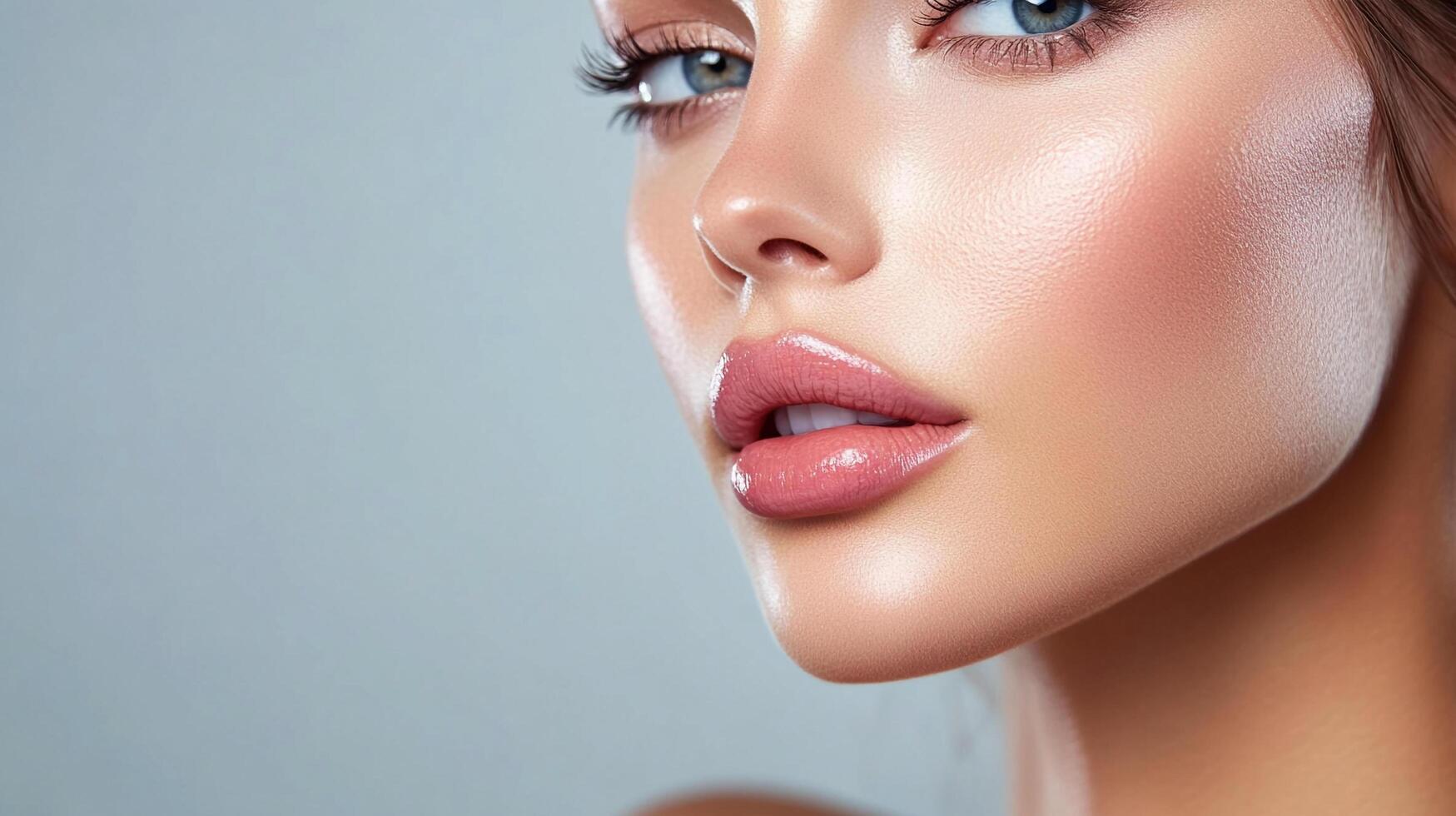 Close-up of a woman with beautiful glossy lips and flawless skin, showcasing stunning makeup and natural beauty against a soft grey background. photo