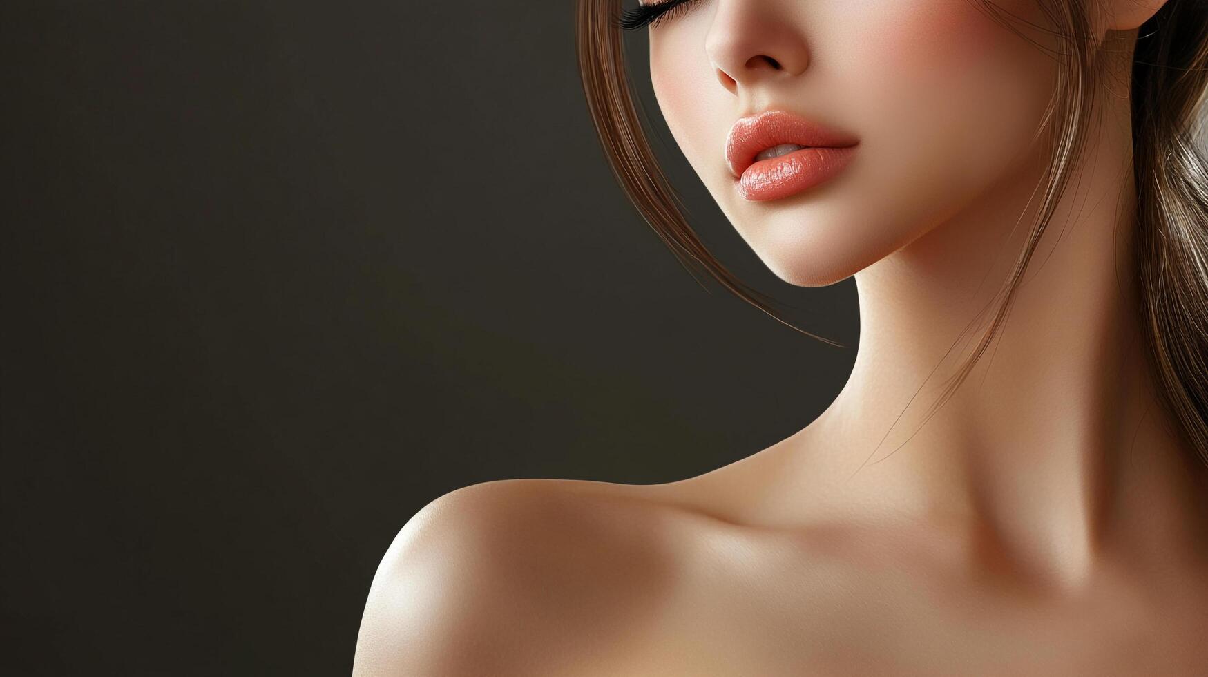 Close-up studio shot of a beautiful woman with flawless skin, delicate features, and subtle makeup against a dark background. Elegant and serene. photo