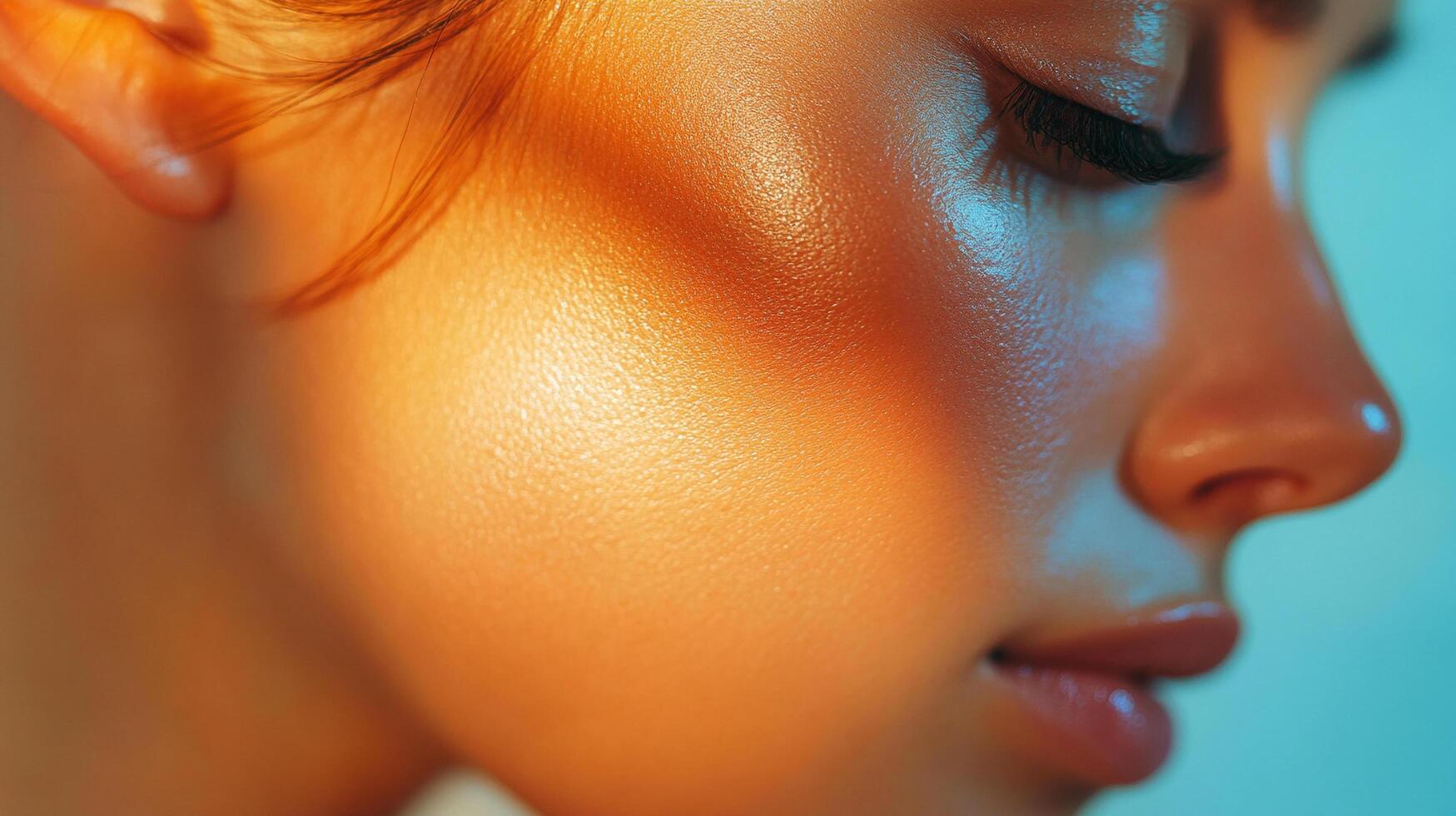 Close-up of a woman's face bathed in warm orange light, highlighting her smooth skin and delicate features. Elegant beauty portrait. photo