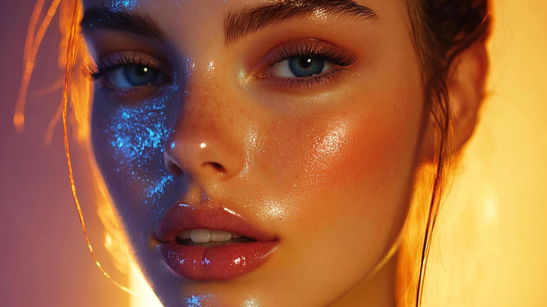 Glowing portrait of a woman with flawless skin illuminated by vibrant lighting. The image highlights beauty and skincare ideals. photo