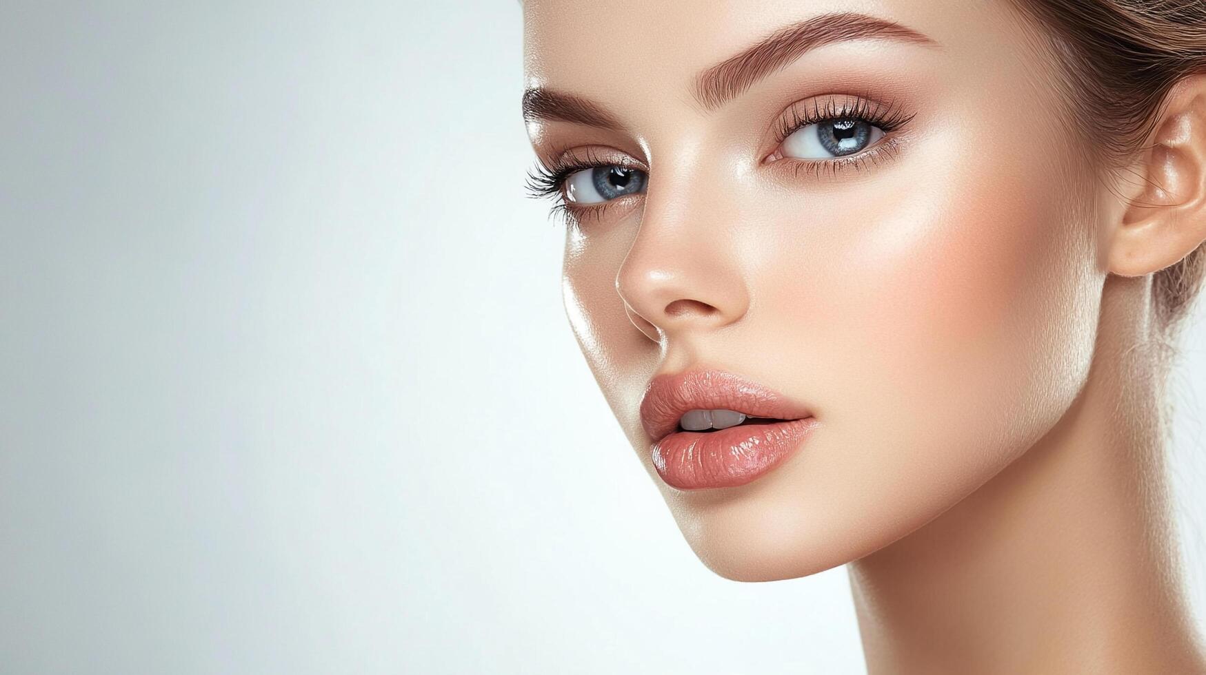 Flawless face of a beautiful young woman with soft skin and blue eyes. Perfect eyebrows and lips. Isolated against a clean background. photo