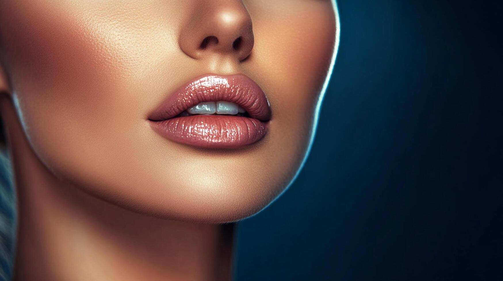 Close-up portrait highlighting beautiful facial features with glossy lips and a radiant complexion against a blurred background. photo