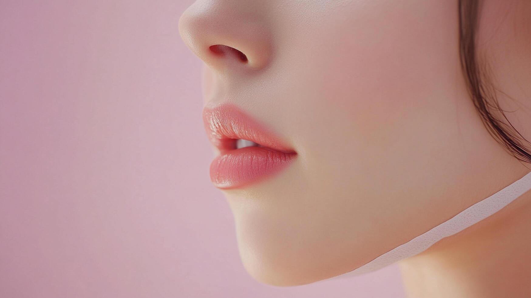 Close-up shot of a fair-skinned individual, focusing on their soft pink lips and facial features against a gentle pink backdrop. photo