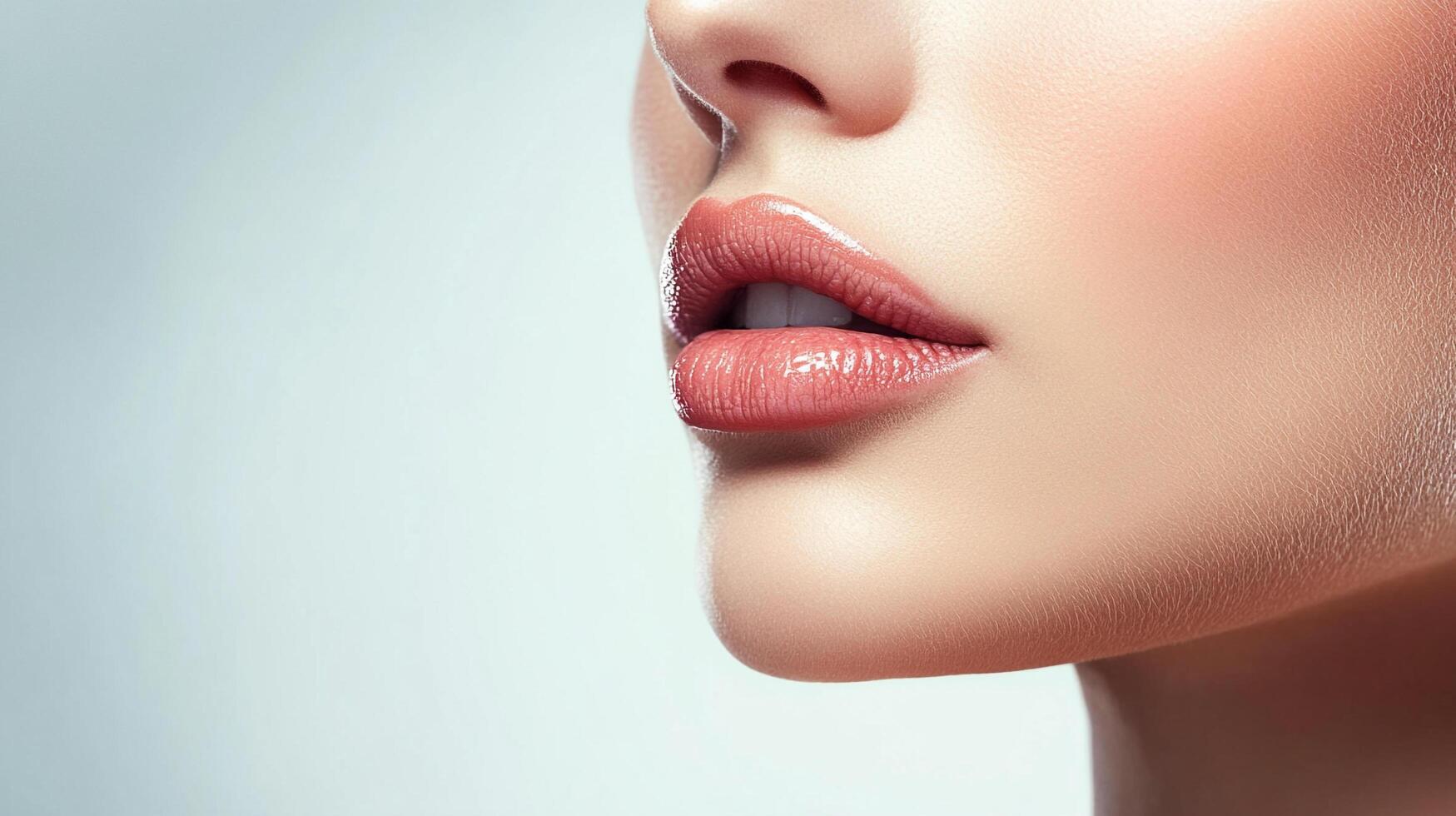 Close-up of a woman's face showcasing her lips, nose and smooth skin against a soft grey backdrop, emphasizing beauty and skincare. photo