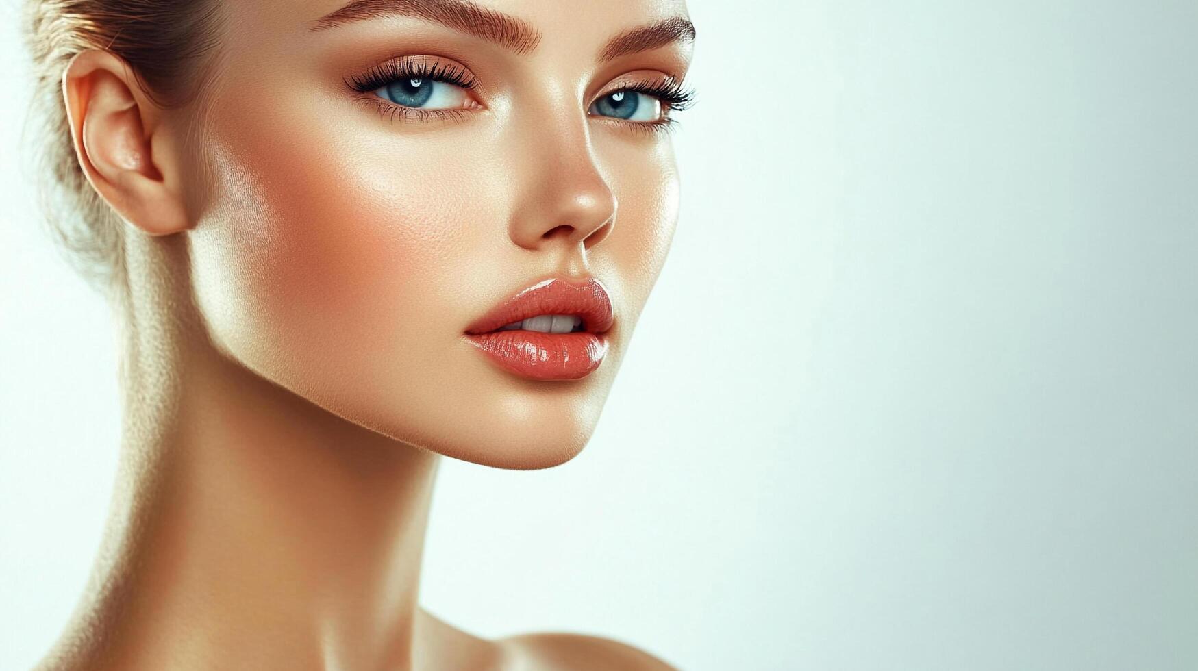 Close-up of a radiant woman with flawless skin, captivating blue eyes, and glossy lips. A portrait of beauty and elegance. photo