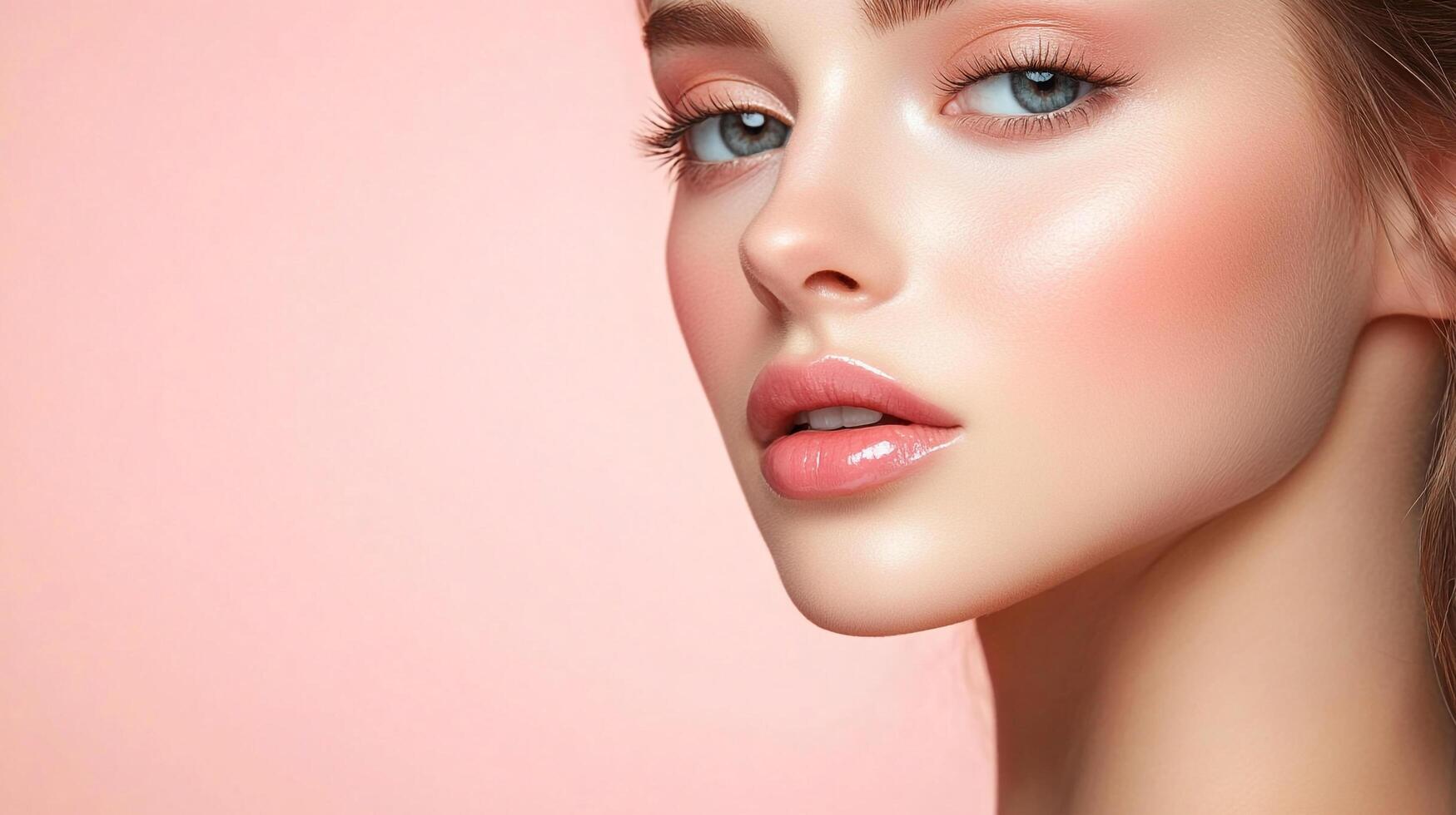 Close-up portrait of a woman with fair skin and soft pink makeup. Her skin glows with a smooth and radiant complexion on a blush pink background. photo