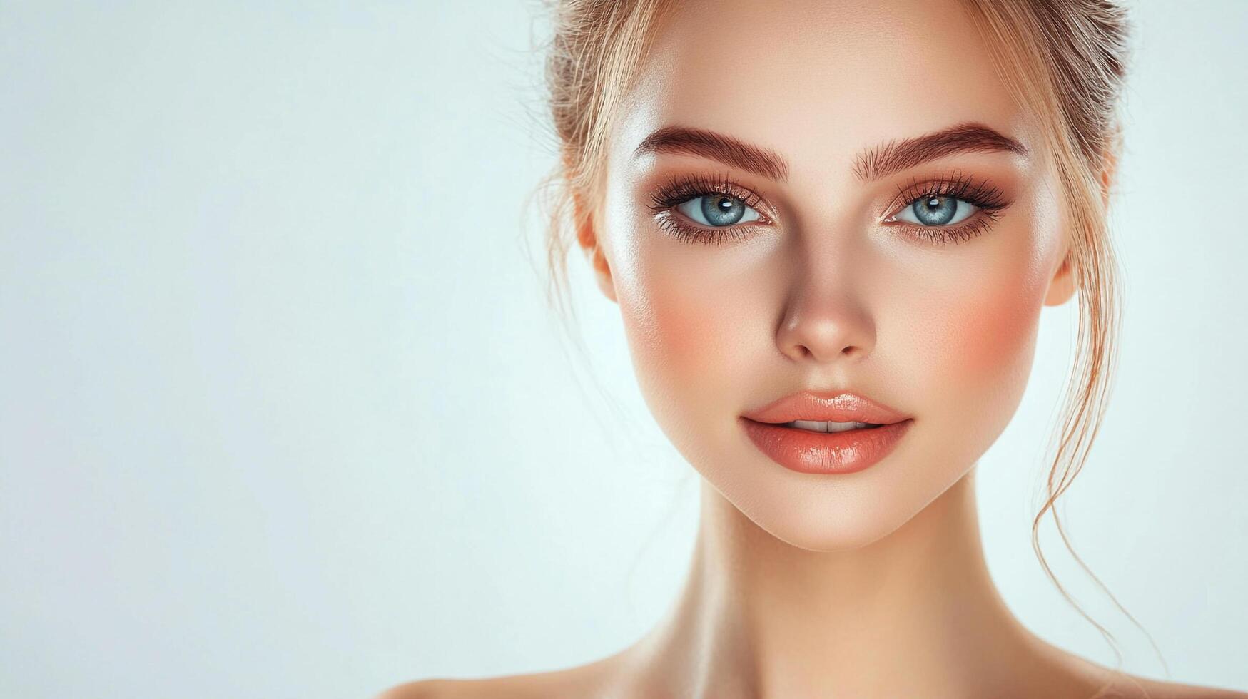 Close-up portrait of a woman with flawless skin, perfect eyebrows, blue eyes, and glossy lips against a soft gradient background. photo
