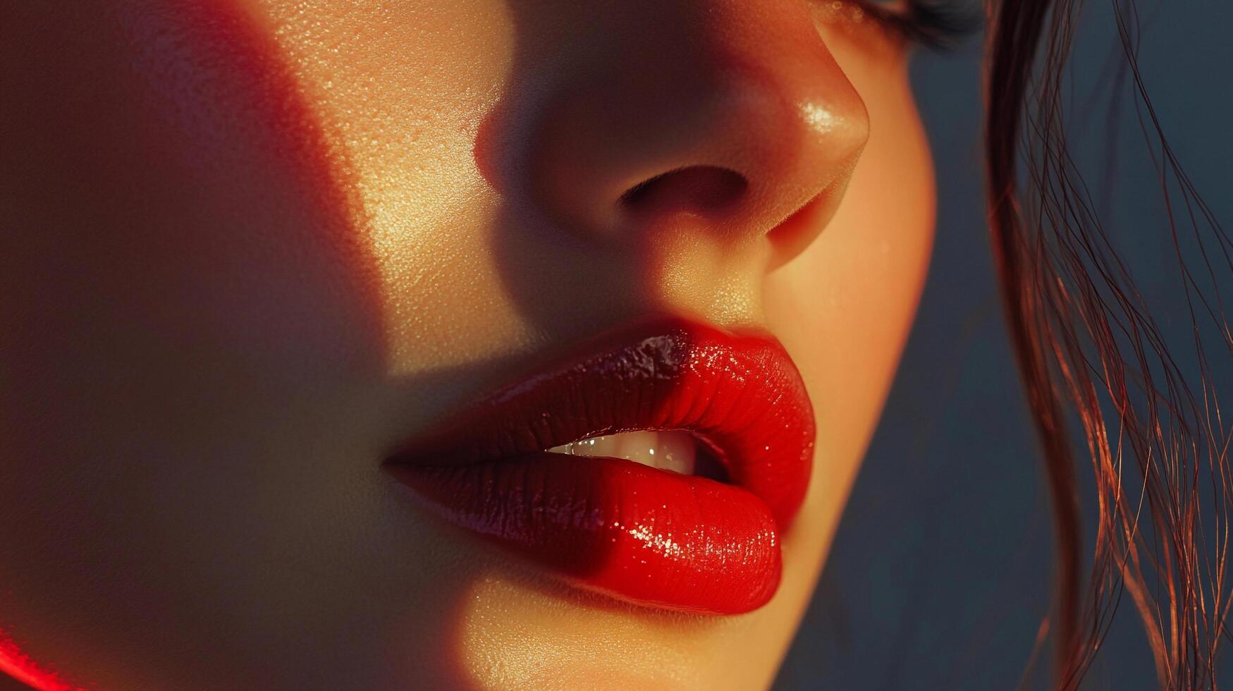 Close-up on a woman's face. Red lips and highlights cast shadows for a dramatic, fashionable look. Modern makeup artistry. photo