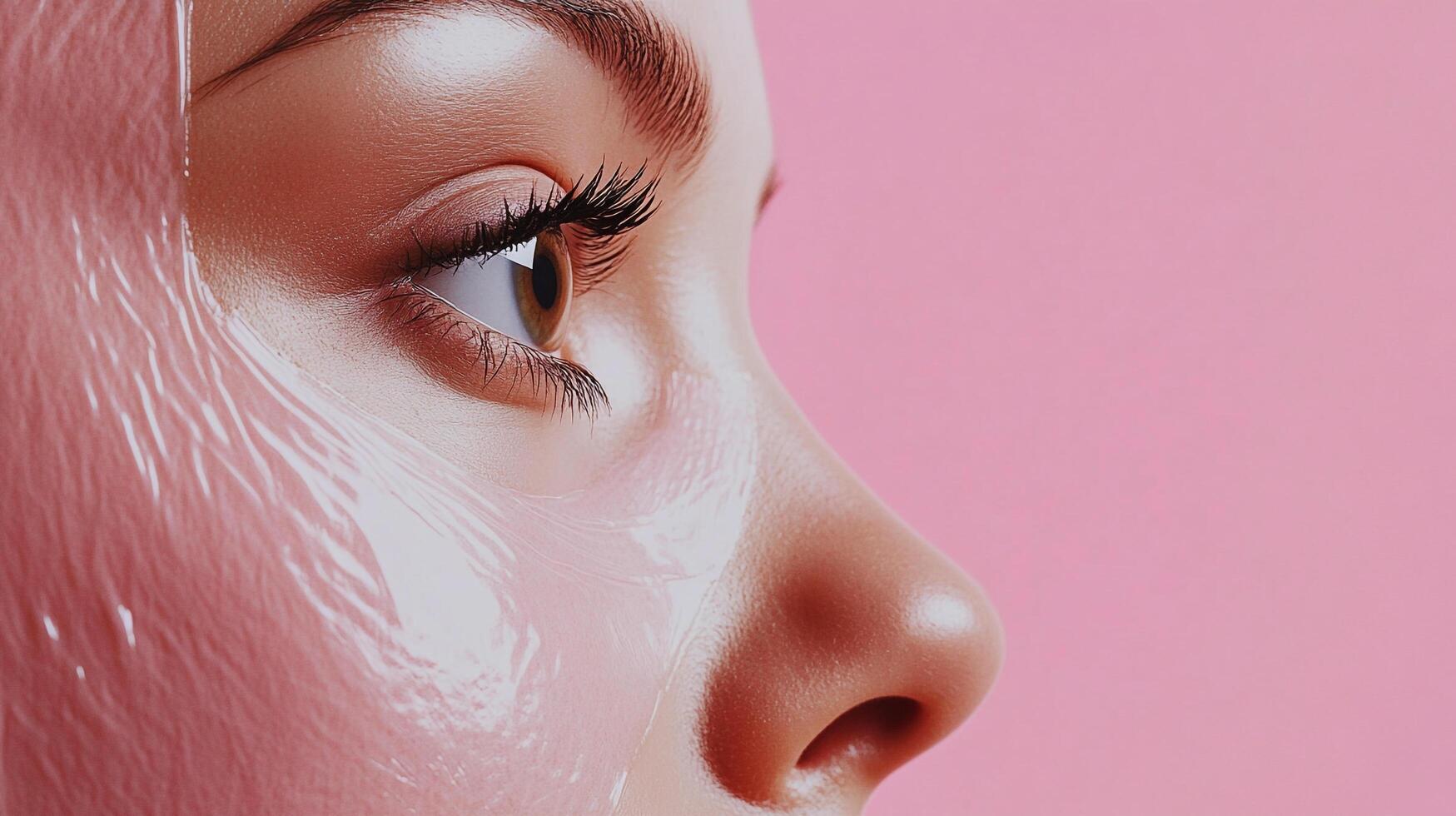 Woman receiving a facial treatment with a sheet mask. Close-up, her eye is visible. The background is plain pink. photo
