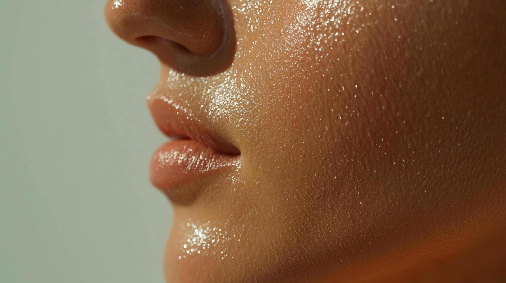 Close-up shot of a radiant face with a dewy, hydrated complexion, showcasing a healthy glow and natural beauty, skin glistens softly. photo
