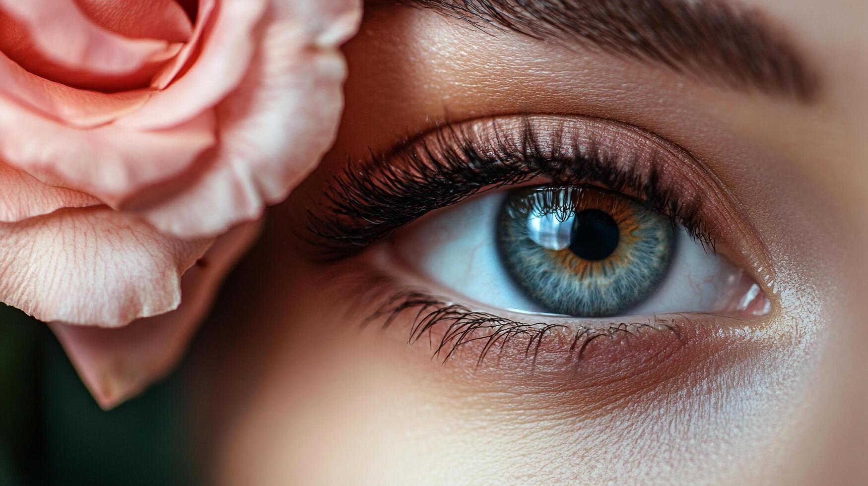 A close-up of a captivating eye next to a blooming pink rose, a symphony of natural beauty and feminine grace, highlighting delicate details. photo