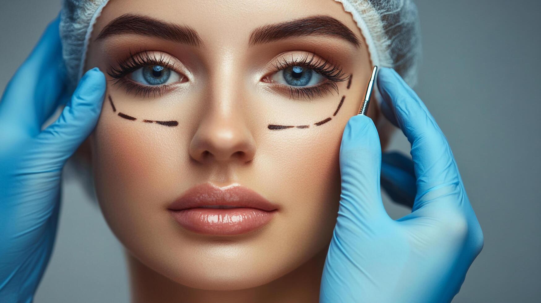 Examining a patient's face with markings for cosmetic surgery, wearing a hairnet and medical gloves. Surgical assessment for cosmetic change. photo