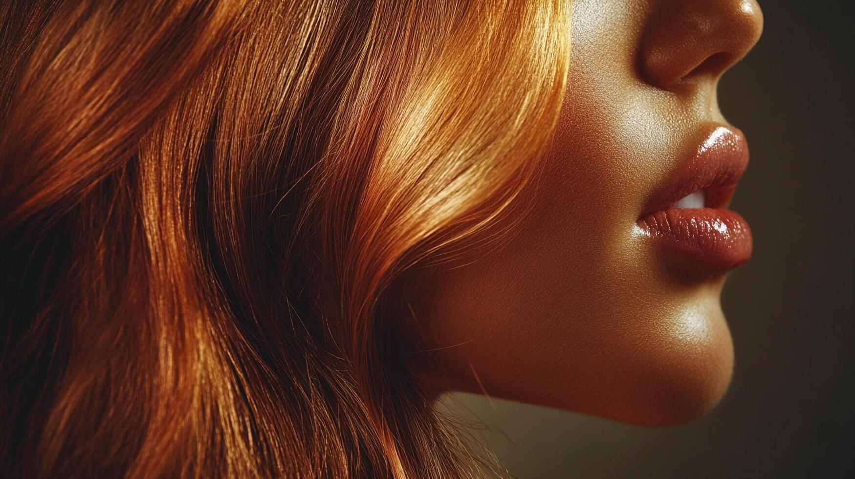 Elegant face portrait with captivating copper hair, glowing skin, and glossy lips. A picture of beauty and grace. photo