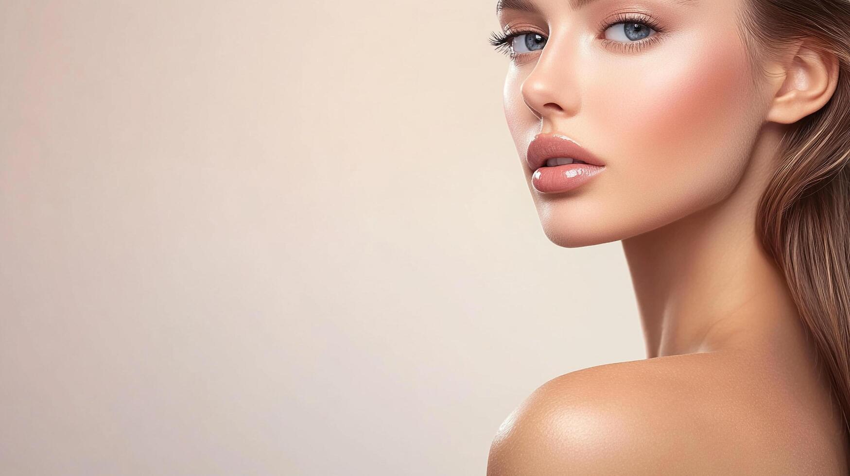 Elegant woman's portrait featuring a soft, neutral background, showcasing her glowing skin and luscious lips, radiating beauty. photo