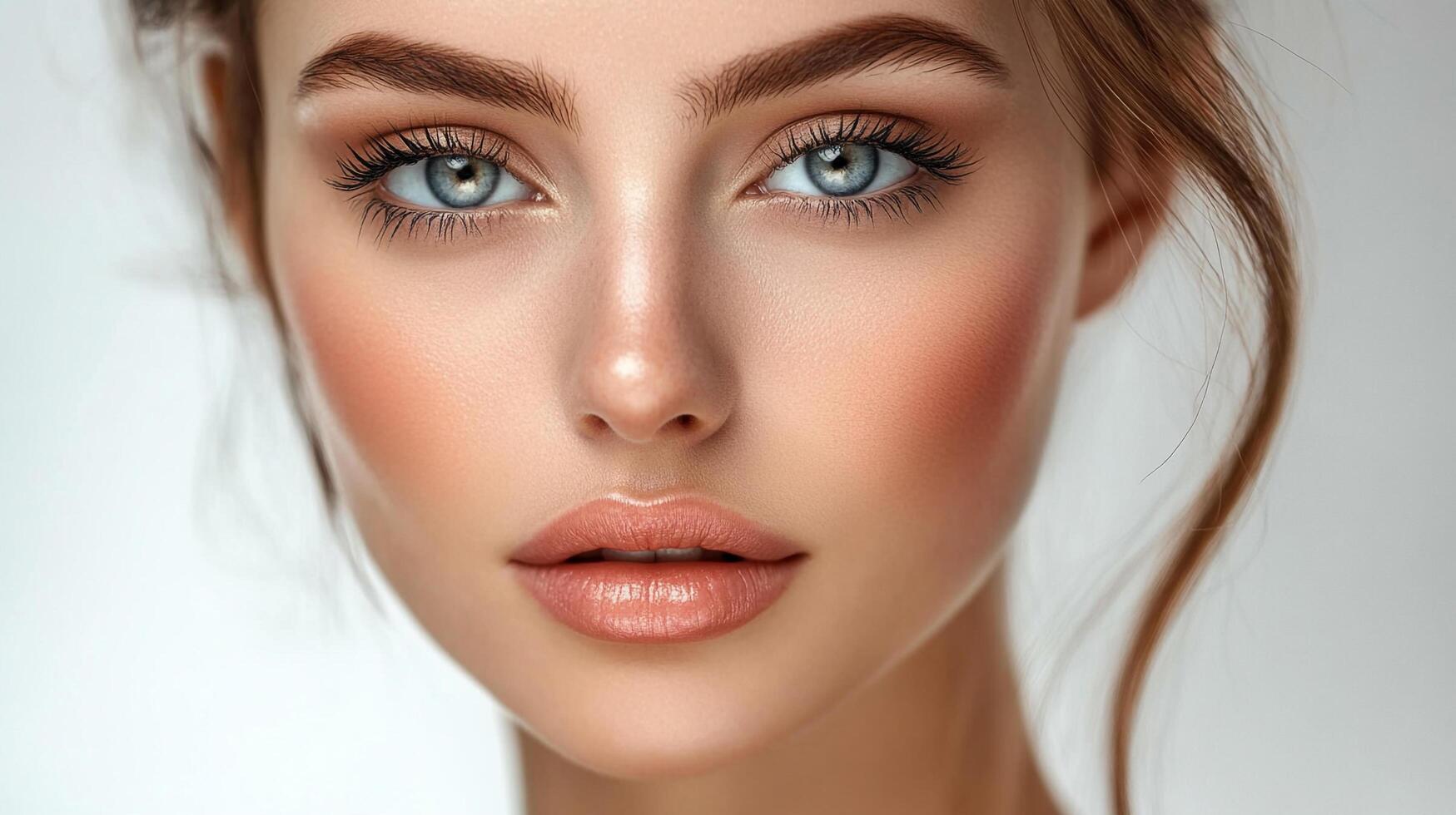 Close-up of a woman's face with makeup showing light blue eyes and a natural looking color of blush and eye shadow for a soft portrait. photo