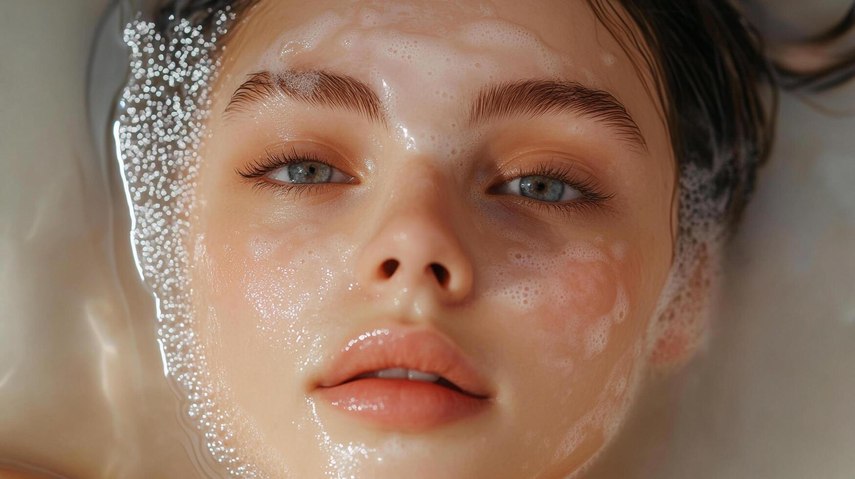 Close-up of a serene woman with light eyes submerged in bubbly bathwater, radiating calm. Gentle skincare glow, pure tranquility. photo