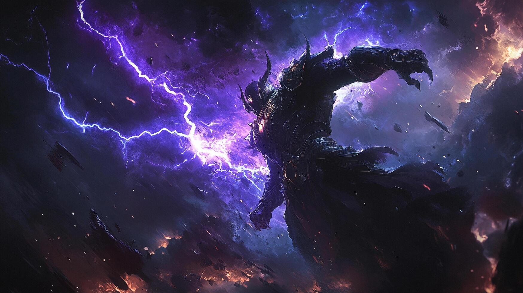 Dark armored figure stands amidst a storm, lightning cracks, and cosmic debris floats in space. A powerful, otherworldly presence. photo