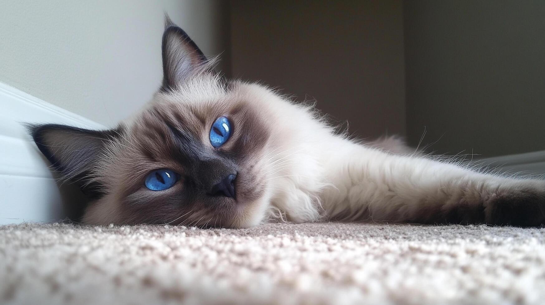 Ragdoll cat lounges on carpet, captivating with striking blue eyes and serene expression. A moment of pure feline relaxation. photo