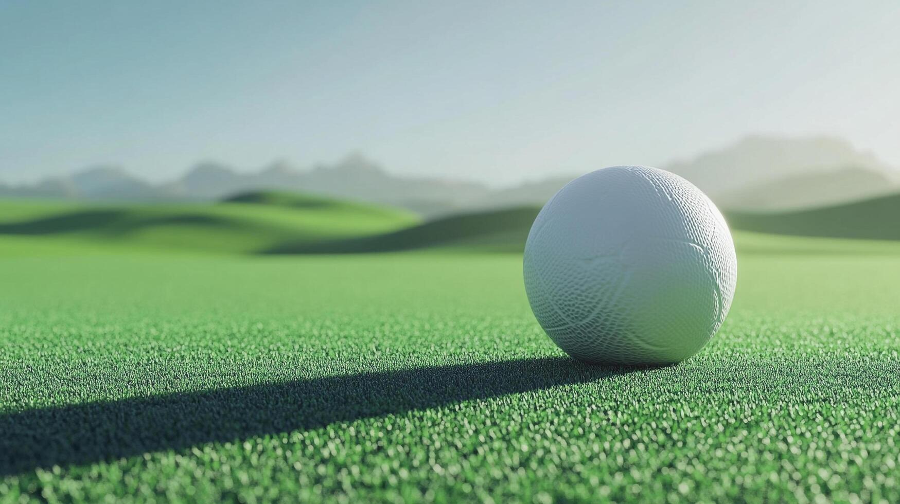 Close-up of a textured white ball on vibrant green grass, casting a sharp shadow on a sunny day with rolling hills in the distance. photo