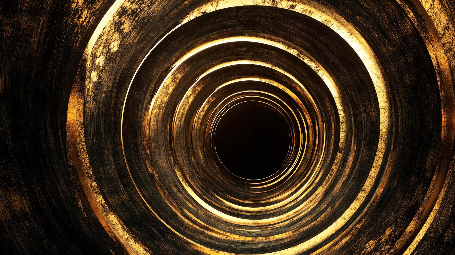 Abstract tunnel with golden rings and dark interior. It's a portal to another world, promising mystery and allure, contrasting dark with gleaming gold. photo