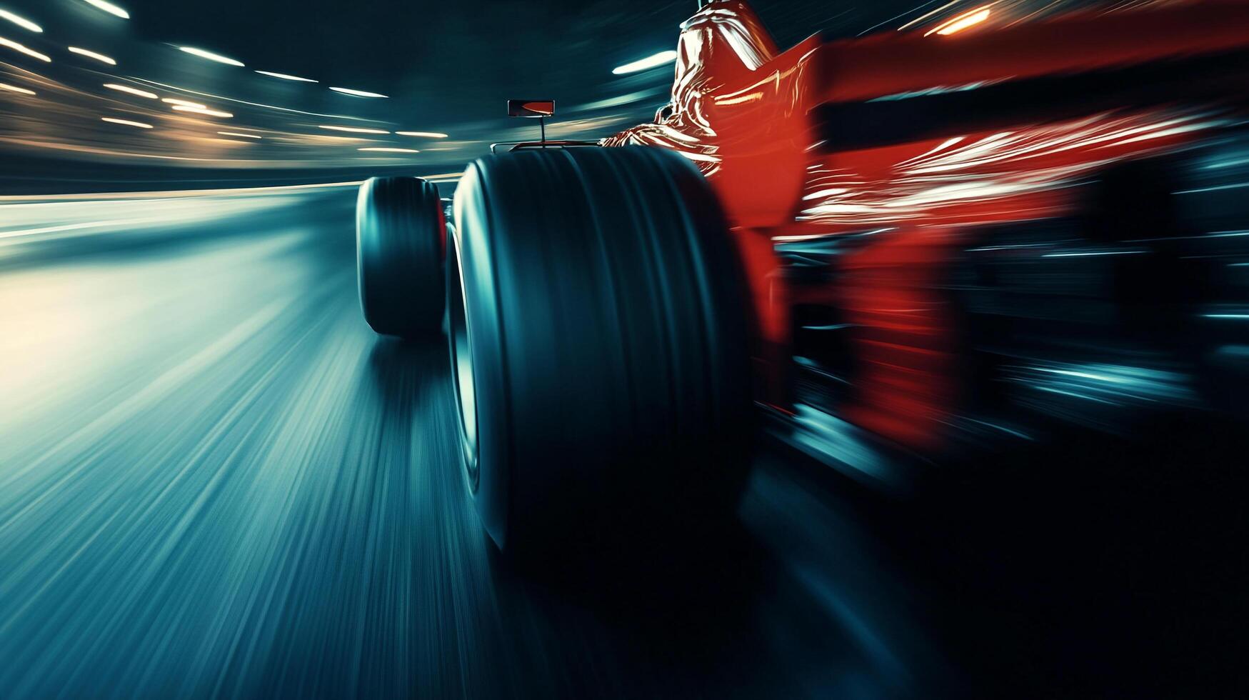 Racing car speeding in a blur of motion, tires gripping the track, illuminated by streaks of light. The essence of speed and competition. photo