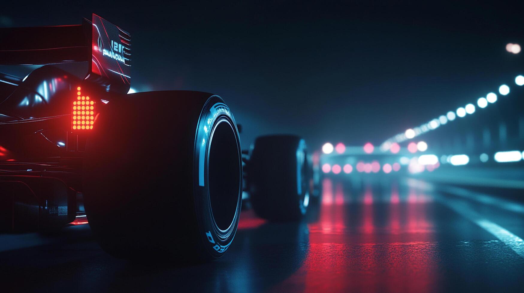 Sleek racing car wheels and rear lights shine on a wet racetrack in the night, exuding speed and excitement. photo
