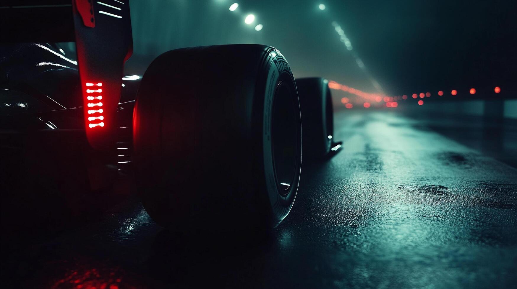 Close-up of a race car's tires on a wet track under the night sky, exuding speed and precision. Perfect for motorsport enthusiasts. photo