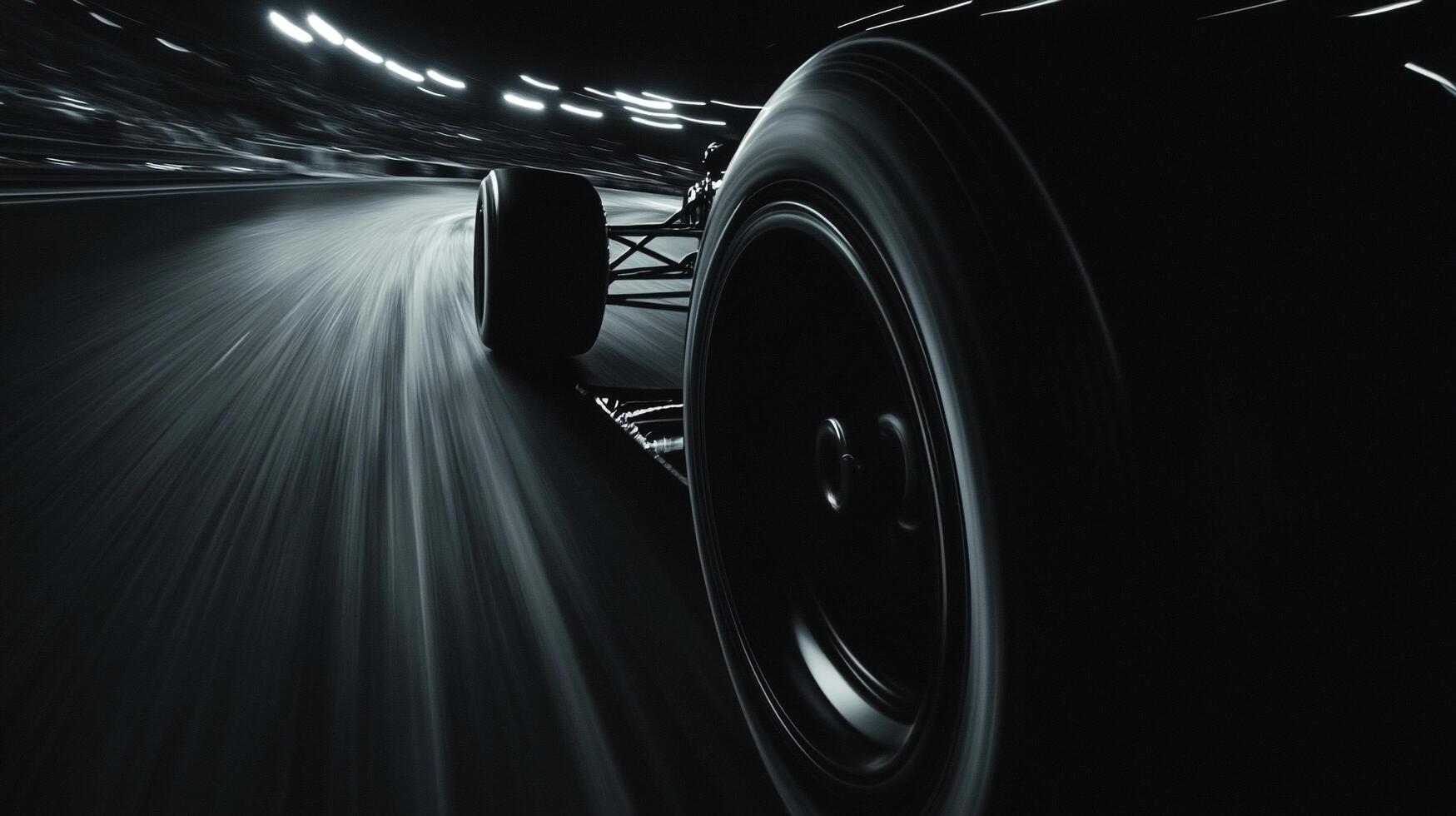 Monochrome speed blur featuring an open-wheel race car driving on a track with streaks of light suggesting the velocity of the vehicle. photo