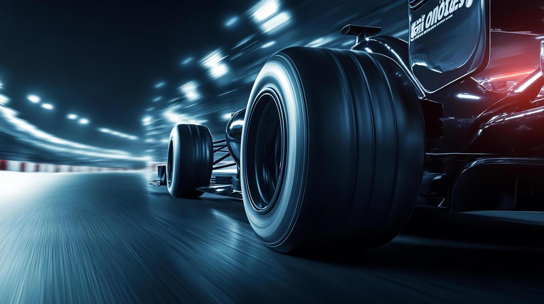 Racing car in motion blurs the track and the lights, demonstrating the dynamism and technological advancement of the sport. photo