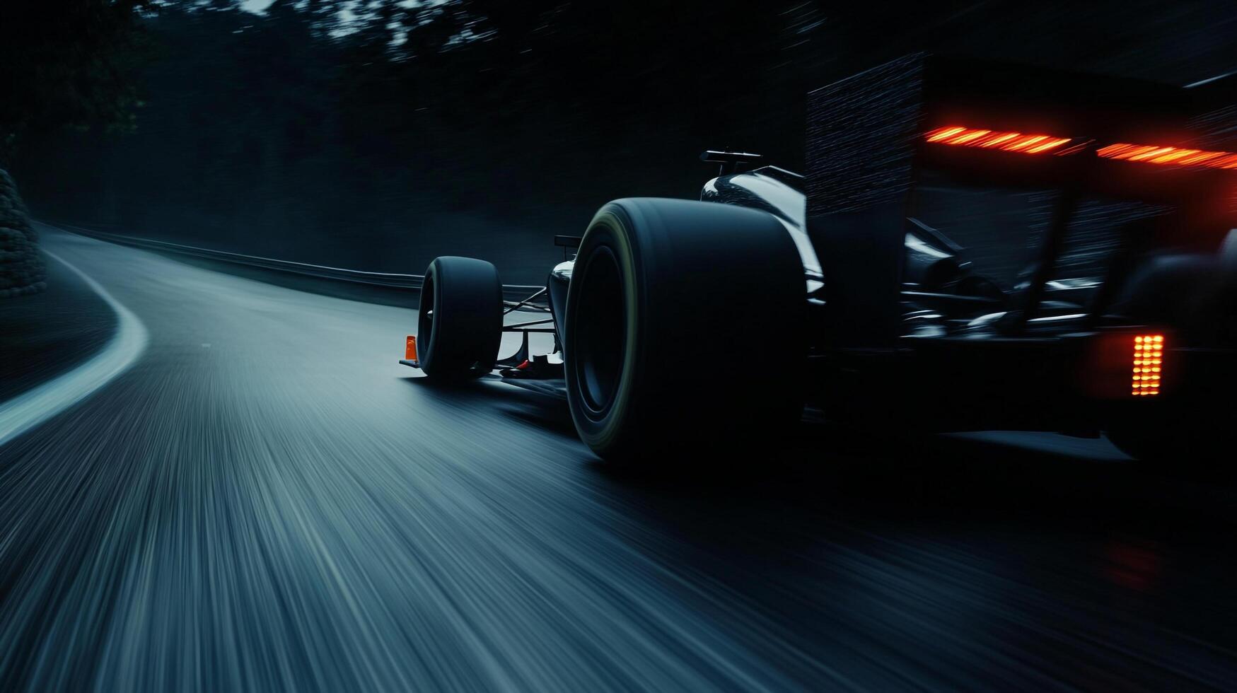 A dark race car speeds around a bend on a dimly lit track, with motion blur emphasizing its speed. The image captures the essence of speed. photo