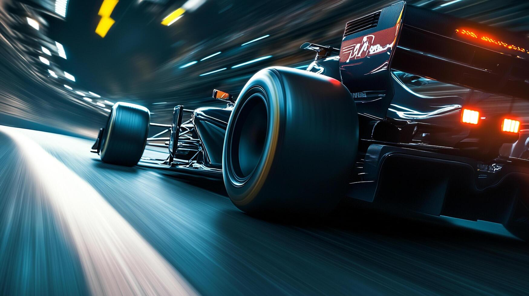 Sleek racing car speeding on an illuminated track, motion blur conveys thrilling velocity in a futuristic, high-speed environment. photo