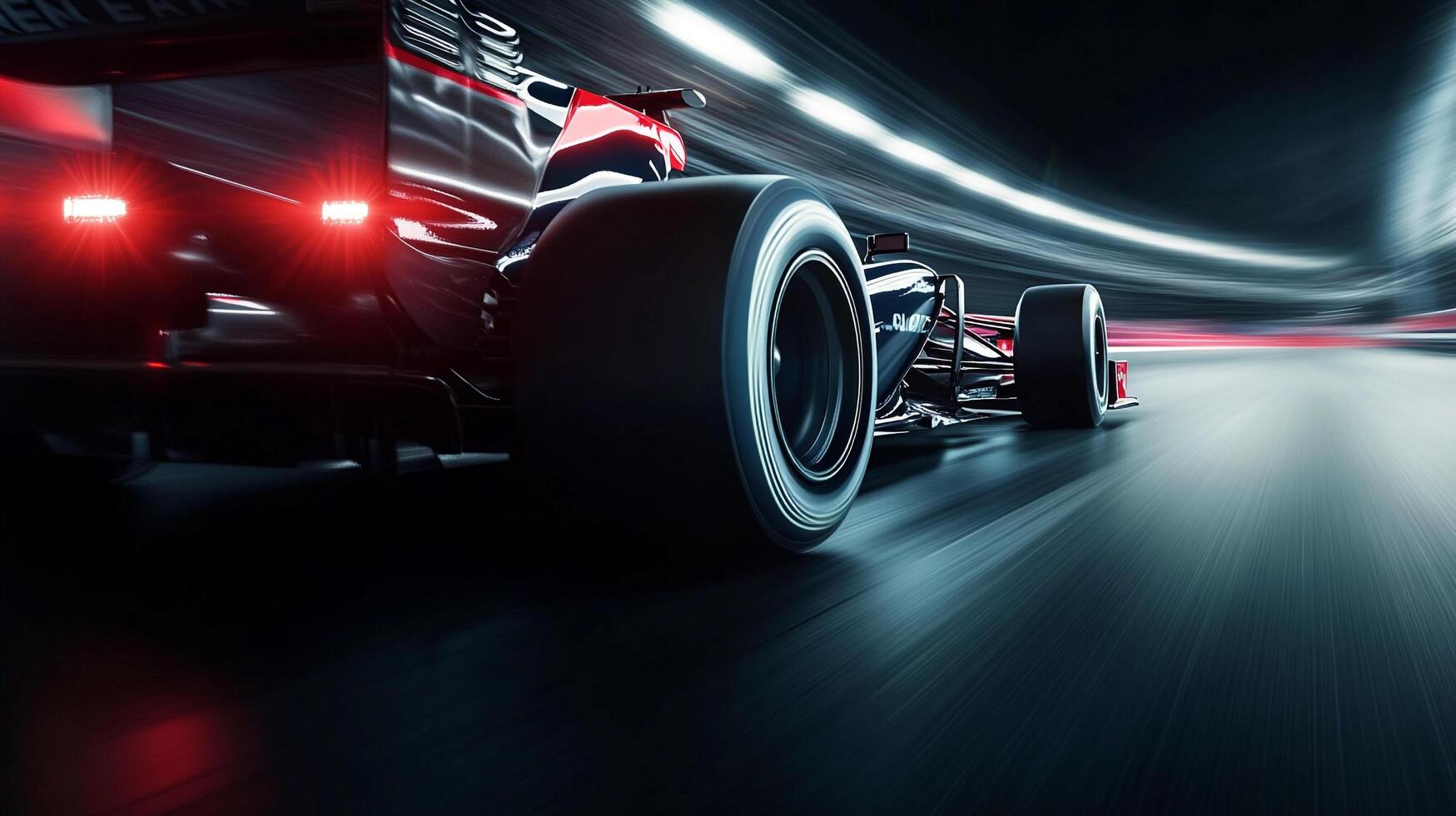 Racecar streaks by under tunnel lights. Blurring speed and cutting through the darkness. Fast and furious motion for the win. Adrenaline fuel. photo