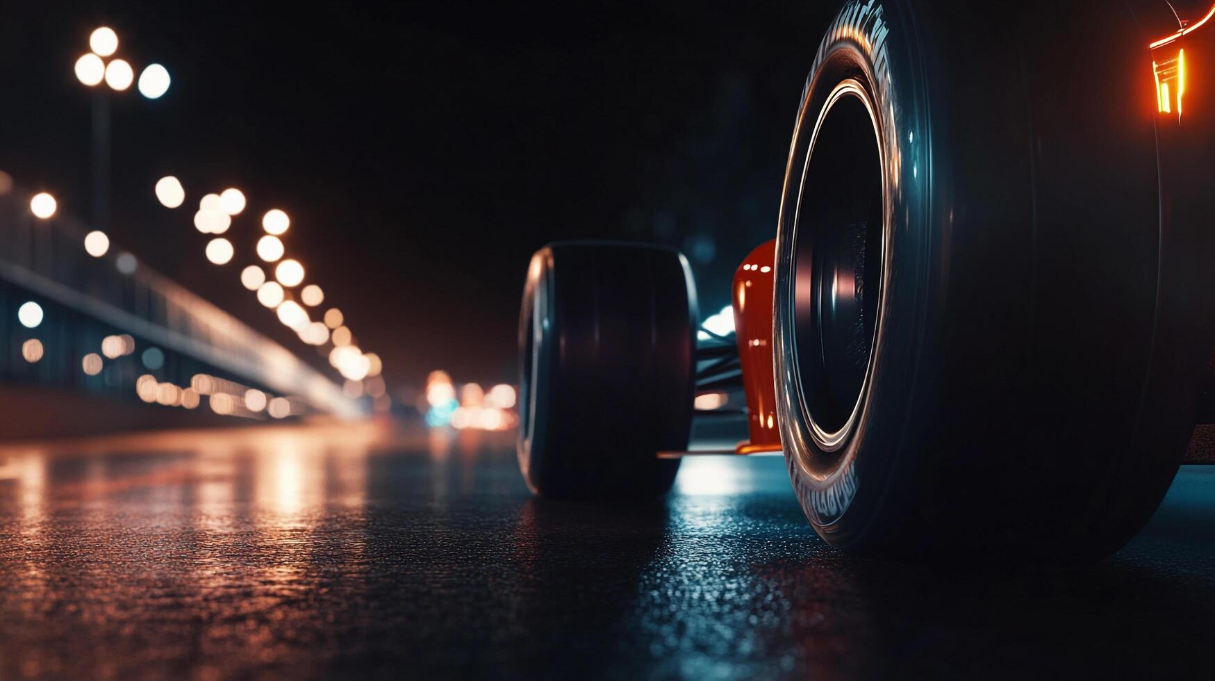 Sleek racing car tires glistening on a wet track under the bright city lights. Experience the thrill of high-speed racing. photo