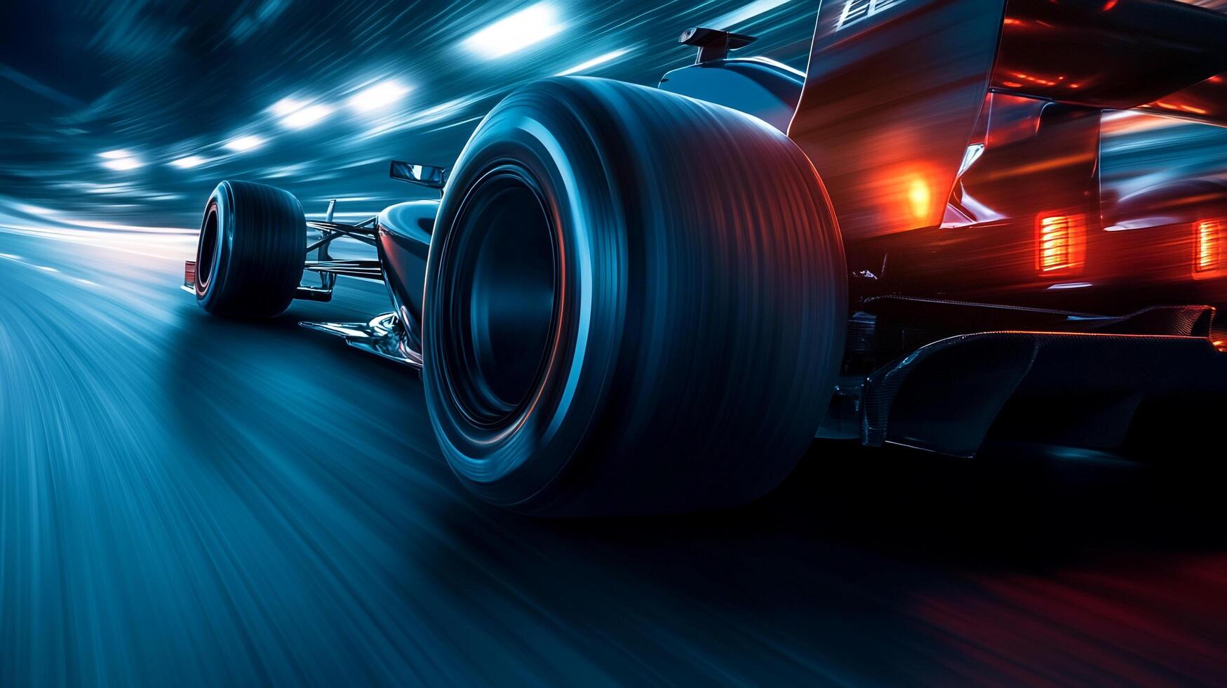 Sleek racing car zooms through a bright tunnel, motion blur emphasizing high speed. Low angle, dynamic shot captures the intensity. photo