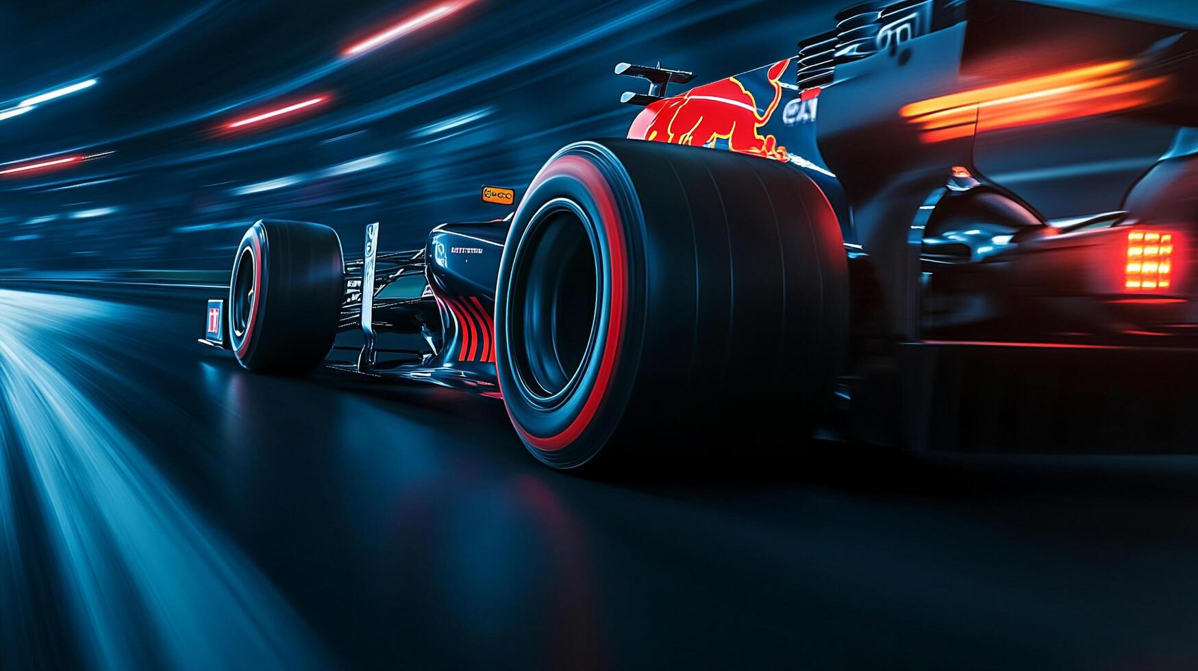 High-speed race car speeding across a blue race track, motion blur effect. The image depicts the thrill and adrenaline of motor sports. photo