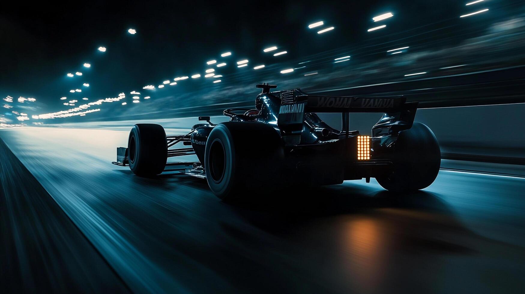 Sleek race car speeds on a track under bright lights, rear view, capturing a dynamic scene of motorsport and high velocity. photo