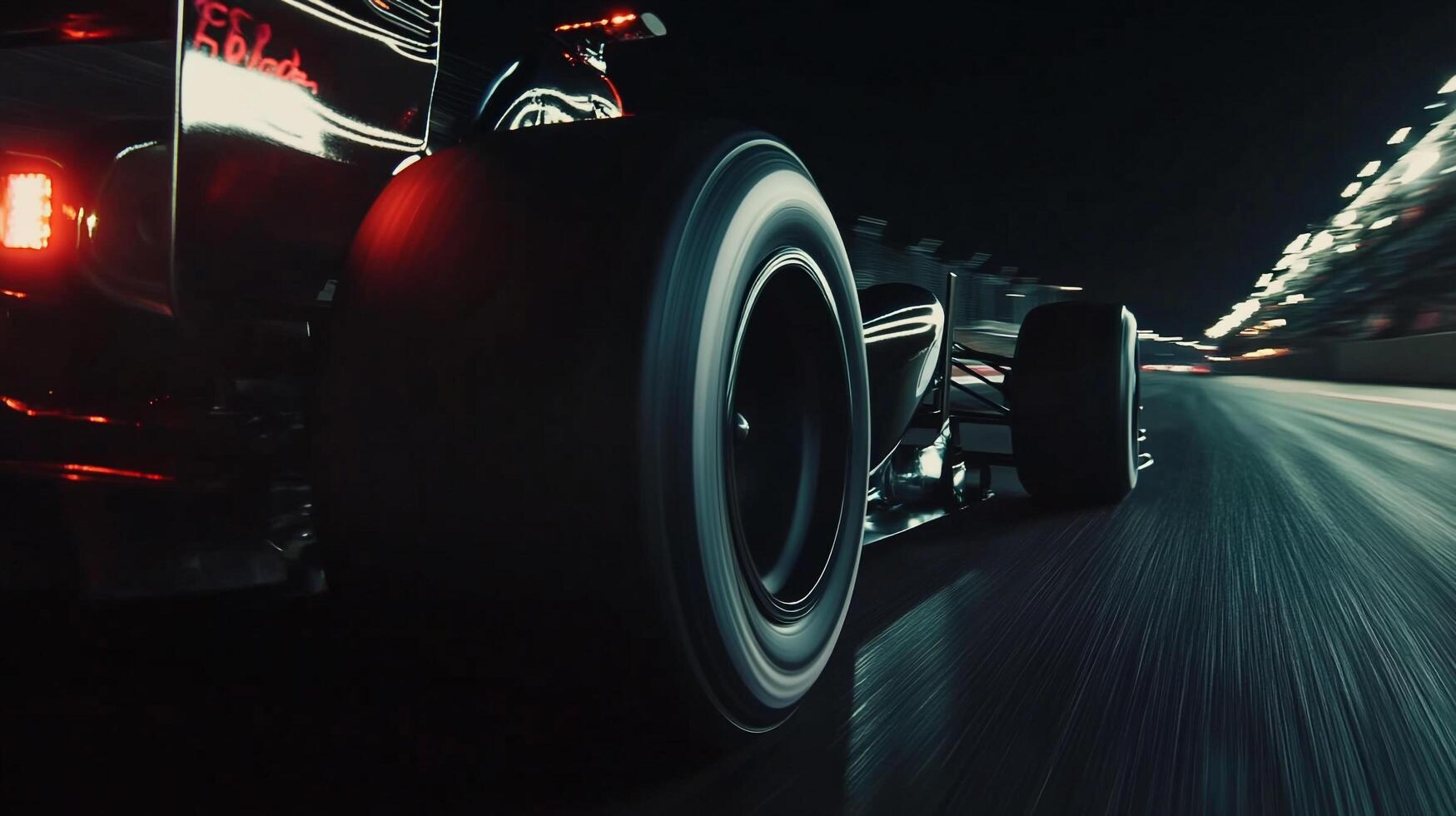 Race car in motion on a track, tires blurring with speed. Rear lights glow, reflecting energy of the motorsport event at night photo