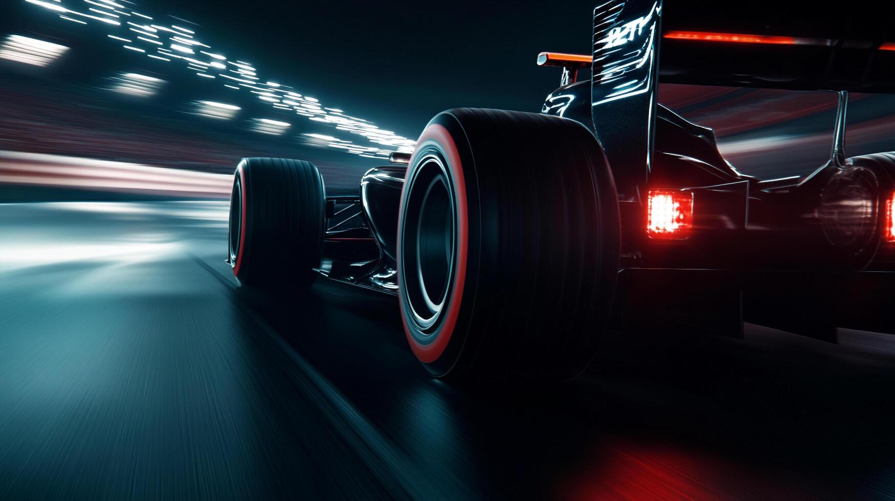 Sleek black race car speeds down the track at night. The tail lights glow red as the vehicle races forward with incredible speed. photo