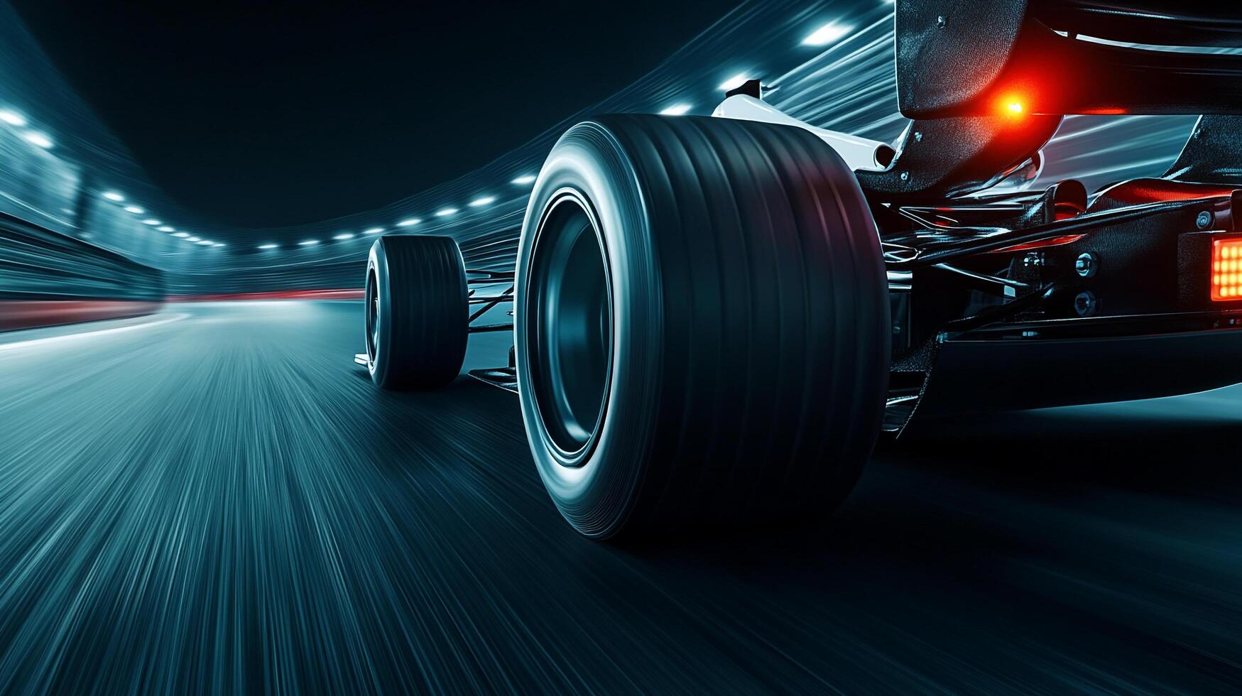 A race car speeds on a racetrack. The focus is on the car's tires and tail lights, with a blurred background showing high speed motion. photo