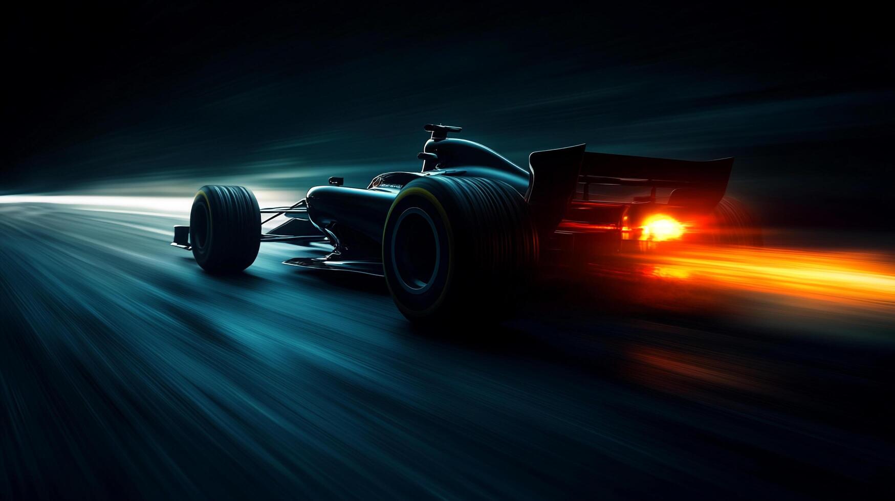 A sleek, dark race car speeds down a blurred track at high velocity, with bright orange and yellow tail lights streaking behind it. photo