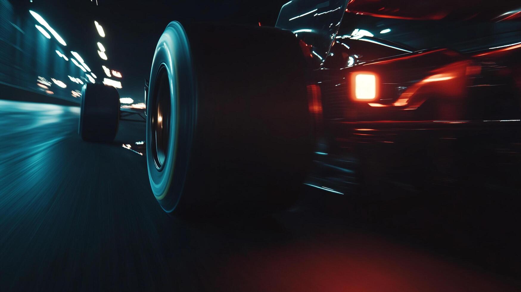 Sleek vehicle speeding through a tunnel, motion blur emphasizing velocity, dark tones enhanced by bright light trails. photo