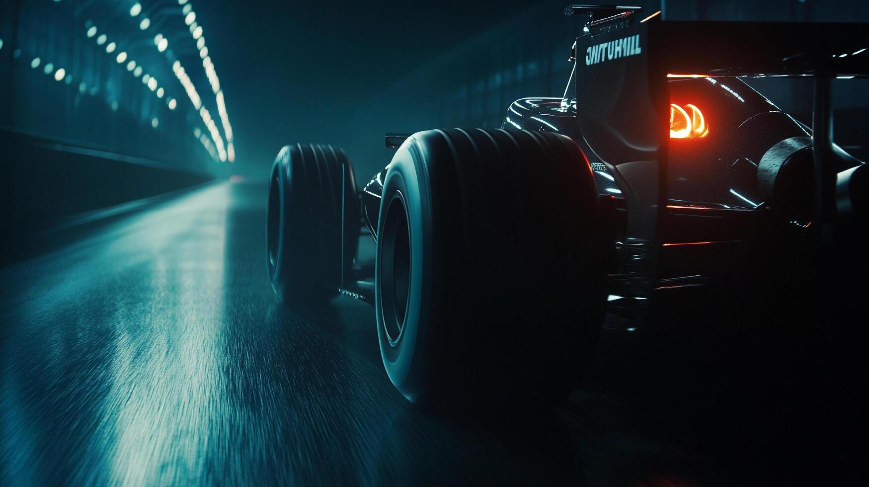 Racecar speeding through a tunnel, rear view emphasizes speed. Dark and intense, evoking a sense of adrenaline and competition. photo