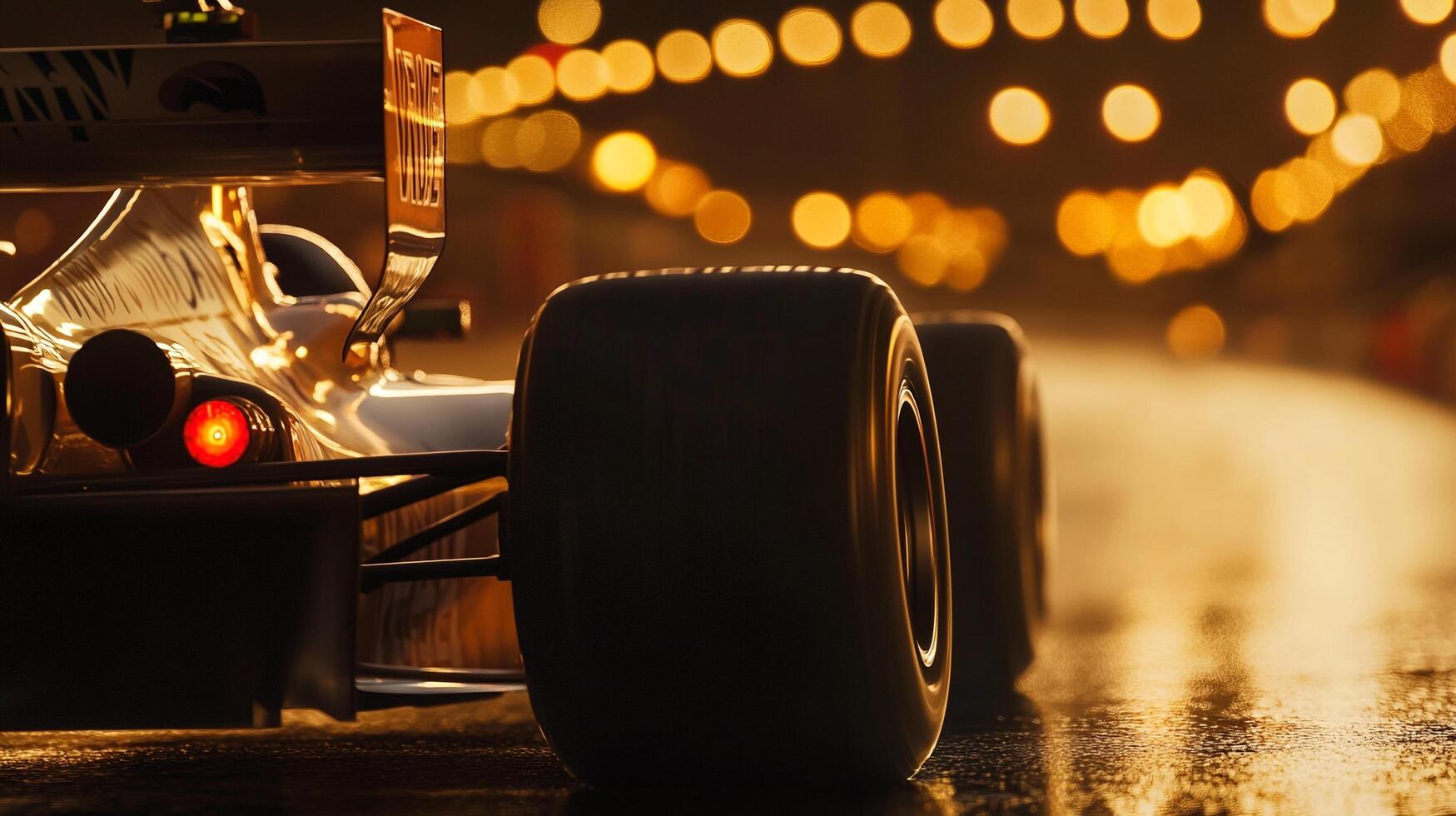 Low angle of race car tail lights and tires in wet condition. Bokeh lights in background add an extra touch of ambience. photo